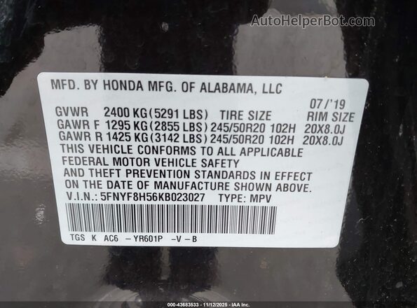 5FNYF8H56KB023027 2019 HONDA PASSPORT Black Вид підкапотного простору