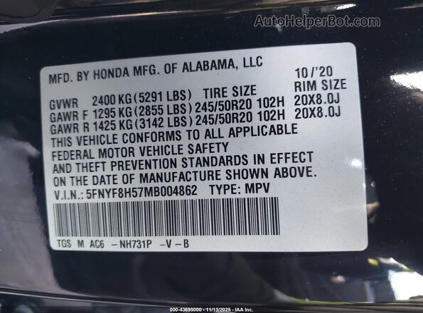 5FNYF8H57MB004862 2021 HONDA PASSPORT Black Engine compartment view