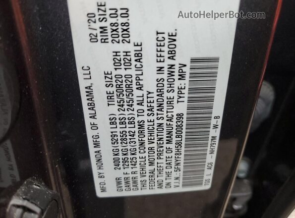 5FNYF8H58LB008398 2020 HONDA PASSPORT Gray VIN sticker view