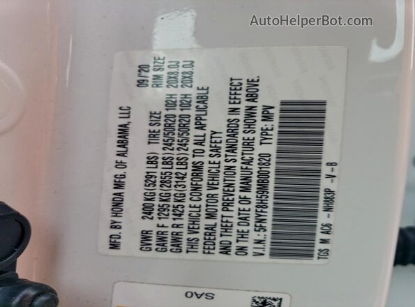 5FNYF8H59MB001820 2021 HONDA PASSPORT White VIN sticker view