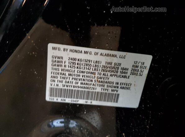 5FNYF8H94KB002261 2019 HONDA PASSPORT Green Вид наклейки з VIN-кодом