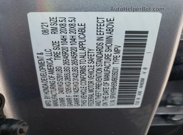 5FNYF8H95MB035031 2021 HONDA PASSPORT Silver Vista del compartimento del motor