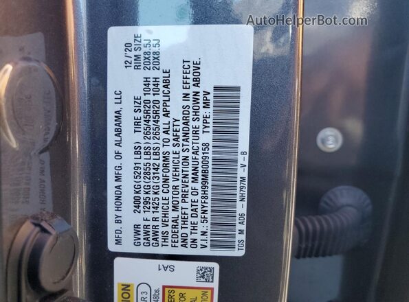 5FNYF8H99MB009158 2021 HONDA PASSPORT Charcoal VIN sticker view