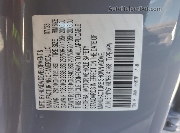 5FNYG1H87PB049268 2023 HONDA PILOT Gray Widok naklejki z numerem VIN