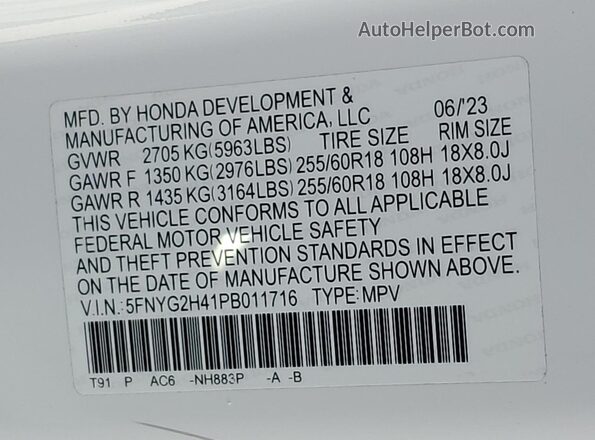 5FNYG2H41PB011716 2023 HONDA PILOT White VIN կոդի պիտակի տեսք
