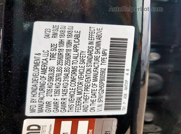 5FNYG2H50PB005902 2023 HONDA PILOT Black Vista interior de 360 grados