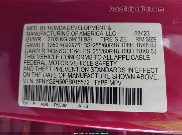 5FNYG2H50PB015572 2023 HONDA PILOT Burgundy Vista del compartimento del motor
