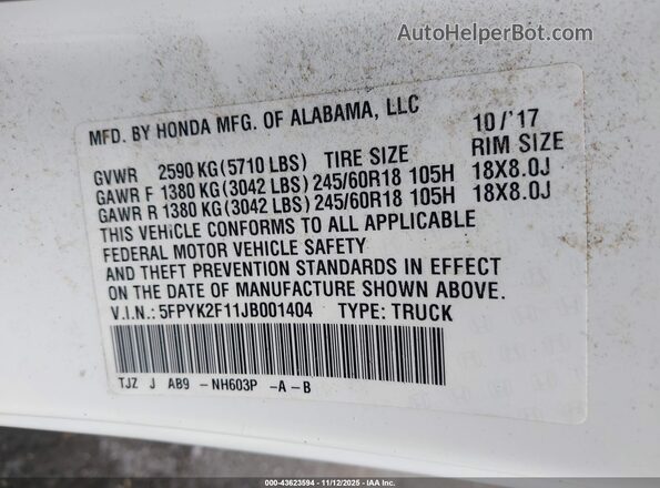 5FPYK2F11JB001404 2018 HONDA RIDGELINE White Engine compartment view