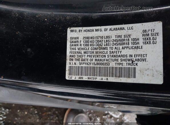 5FPYK2F15JB000353 2018 HONDA RIDGELINE Черный Вид подкапотного пространства