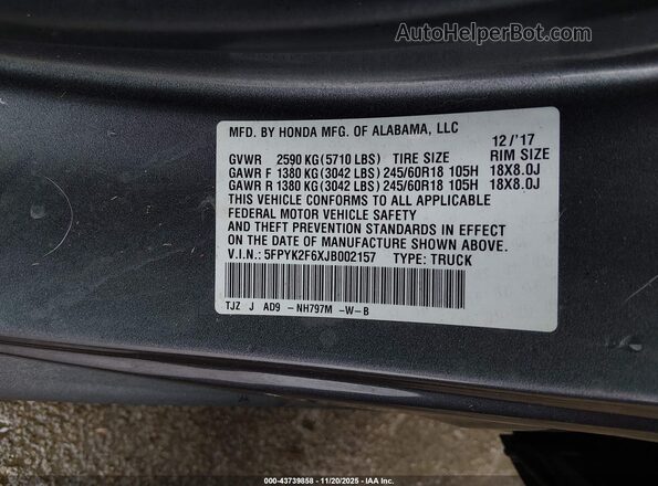 5FPYK2F6XJB002157 2018 HONDA RIDGELINE Gray Engine compartment view