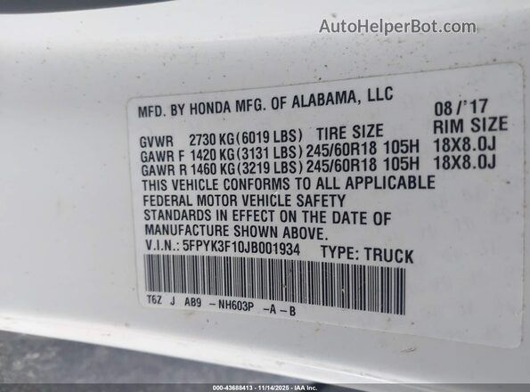 5FPYK3F10JB001934 2018 HONDA RIDGELINE White Widok komory silnika