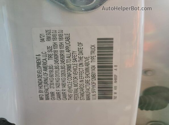 5FPYK3F12MB011434 2021 HONDA RIDGELINE White Widok komory silnika