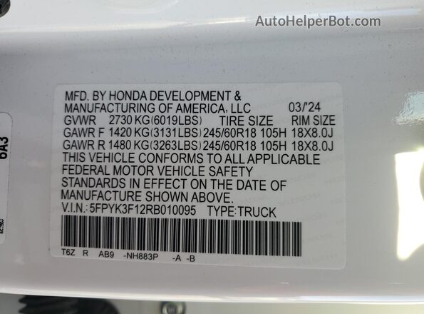 5FPYK3F12RB010095 2024 HONDA RIDGELINE White Widok komory silnika