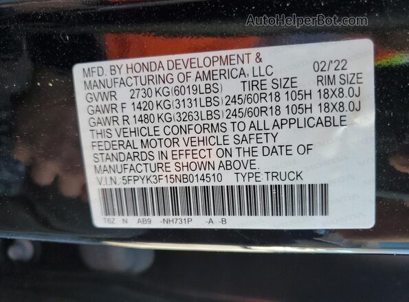 5FPYK3F15NB014510 2022 HONDA RIDGELINE Blue Вид підкапотного простору