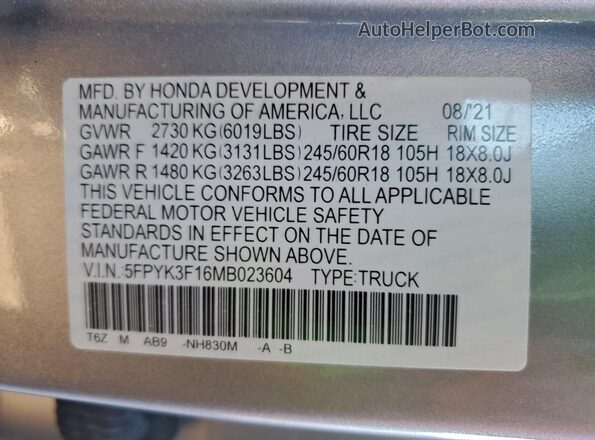 5FPYK3F16MB023604 2021 HONDA RIDGELINE Silver Engine compartment view