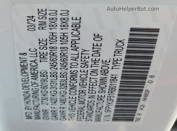 5FPYK3F51RB011841 2024 HONDA RIDGELINE White Շարժիչի բաժամունքի տեսք