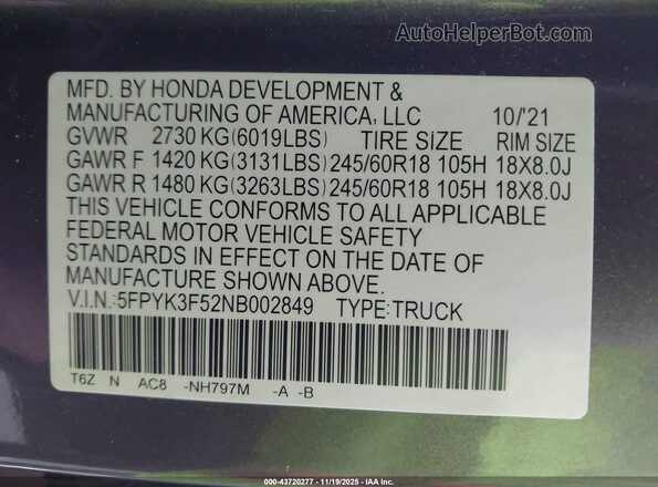 5FPYK3F52NB002849 2022 HONDA RIDGELINE Серый Вид подкапотного пространства
