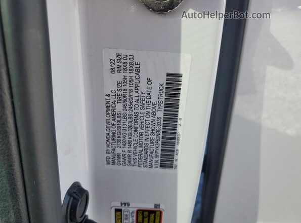 5FPYK3F52NB039335 2022 HONDA RIDGELINE White ძრავის განყოფილების ხედი