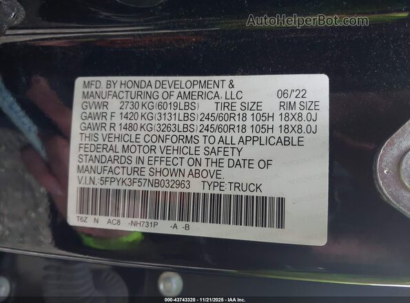 5FPYK3F57NB032963 2022 HONDA RIDGELINE Black Շարժիչի բաժամունքի տեսք