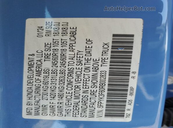 5FPYK3F60RB002833 2024 HONDA RIDGELINE Blue VIN კოდის სტიკერის ხედი