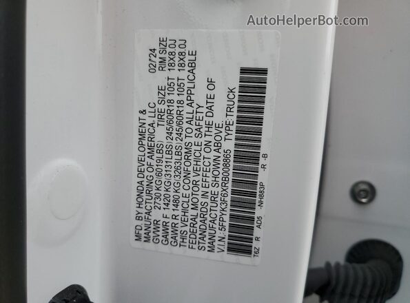 5FPYK3F6XRB008865 2024 HONDA RIDGELINE White VIN sticker view