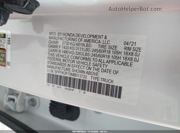 5FPYK3F70MB013722 2021 HONDA RIDGELINE Белый Вид подкапотного пространства