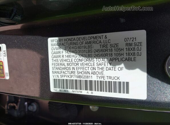 5FPYK3F71MB020811 2021 HONDA RIDGELINE Black Widok komory silnika