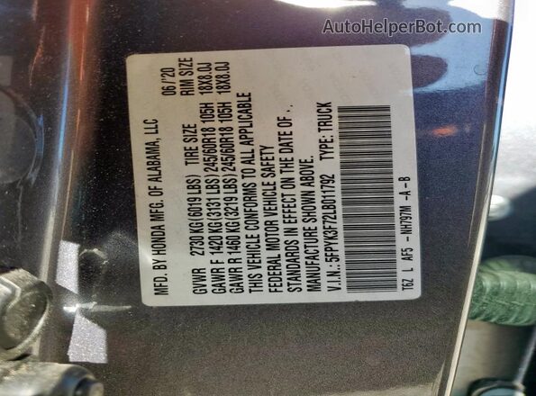 5FPYK3F72LB011792 2020 HONDA RIDGELINE Gray Engine compartment view