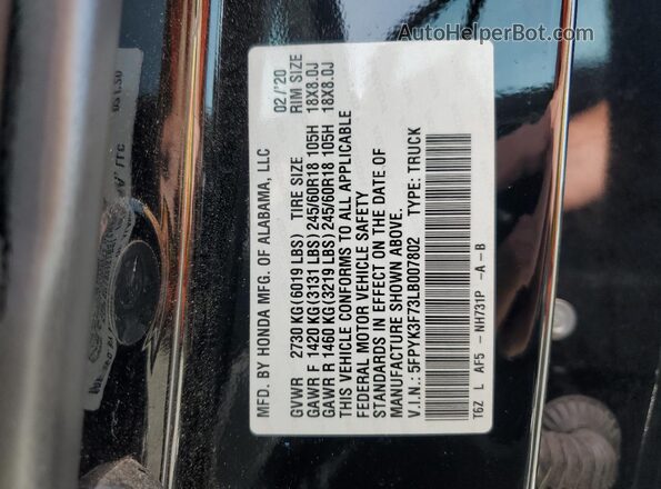 5FPYK3F73LB007802 2020 HONDA RIDGELINE Black ძრავის განყოფილების ხედი