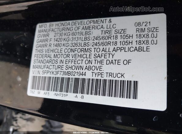 5FPYK3F73MB021944 2021 HONDA RIDGELINE Черный Вид подкапотного пространства