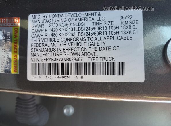 5FPYK3F73NB029687 2022 HONDA RIDGELINE Brown Շարժիչի բաժամունքի տեսք