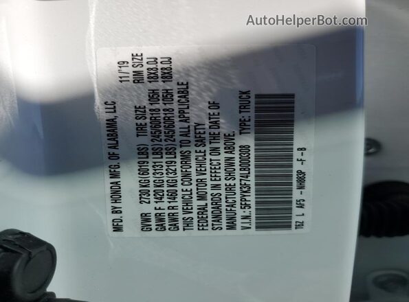 5FPYK3F74LB000308 2020 HONDA RIDGELINE White Вид підкапотного простору