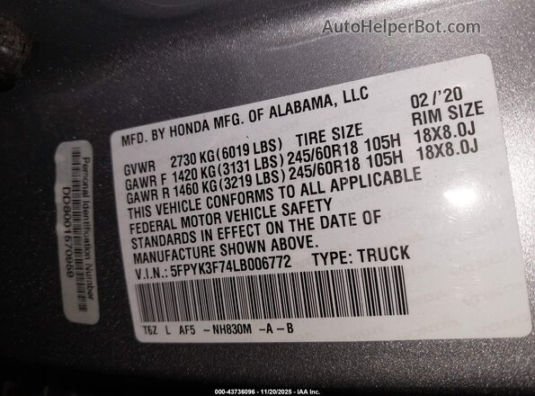 5FPYK3F74LB006772 2020 HONDA RIDGELINE Silver 
