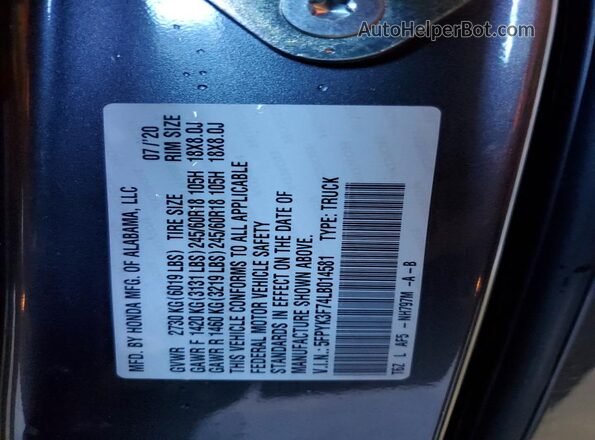 5FPYK3F74LB014581 2020 HONDA RIDGELINE Gray 