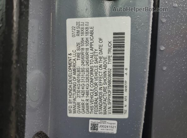 5FPYK3F75NB038052 2022 HONDA RIDGELINE Gray ძრავის განყოფილების ხედი