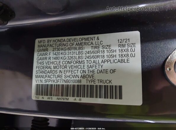 5FPYK3F77NB010088 2022 HONDA RIDGELINE Gray ძრავის განყოფილების ხედი