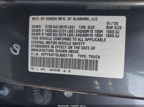 5FPYK3F78LB001719 2020 HONDA RIDGELINE Gray 