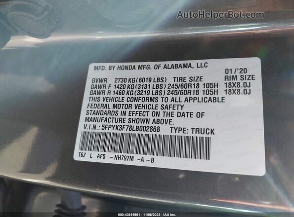 5FPYK3F78LB002868 2020 HONDA RIDGELINE Gray 
