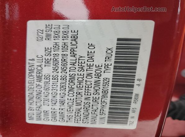 5FPYK3F78NB015929 2022 HONDA RIDGELINE Красный Вид подкапотного пространства