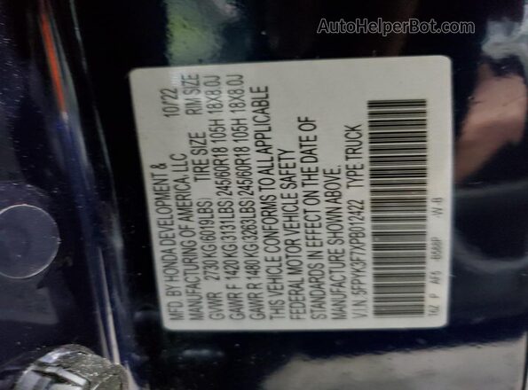 5FPYK3F7XPB012422 2023 HONDA RIDGELINE Blue Vista de la etiqueta del VIN