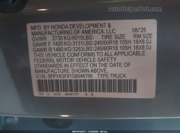 5FPYK3F81SB046766 2025 HONDA RIDGELINE Blue 