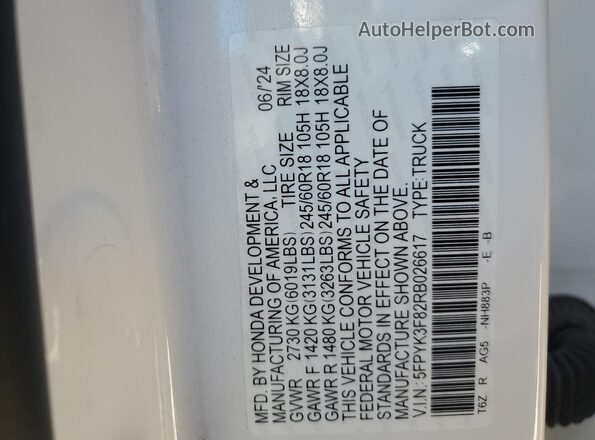 5FPYK3F82RB026617 2024 HONDA RIDGELINE Белый Вид наклейки с VIN-кодом