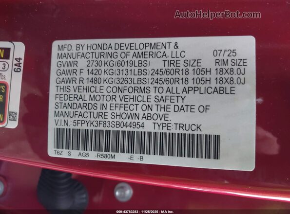 5FPYK3F83SB044954 2025 HONDA RIDGELINE Red Widok komory silnika