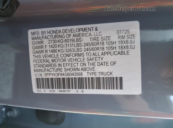 5FPYK3F84SB043568 2025 HONDA RIDGELINE Turquoise Вид підкапотного простору