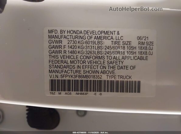 5FPYK3F86MB018352 2021 HONDA RIDGELINE White Engine compartment view