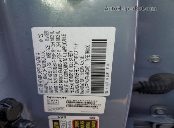 5FPYK3F86NB020801 2022 HONDA RIDGELINE Синий Вид наклейки с VIN-кодом