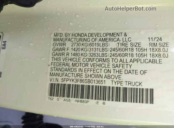5FPYK3F86SB013651 2025 HONDA RIDGELINE White Vista del compartimento del motor