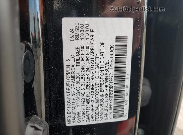 5FPYK3F89RB019972 2024 HONDA RIDGELINE Black Vista de la etiqueta del VIN
