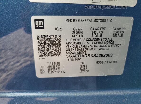 5GAERARSXSJ292003 2025 BUICK ENCLAVE Синий Вид наклейки с VIN-кодом