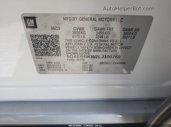 5GAERBKW2LJ100769 2020 BUICK ENCLAVE White ძრავის განყოფილების ხედი